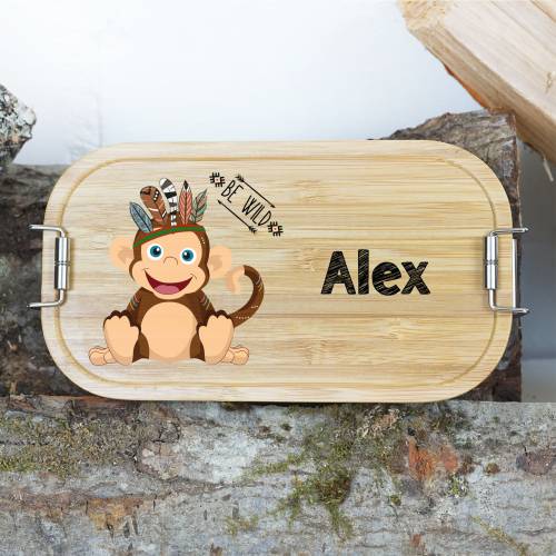 Lunchbox personalisiert, Brotdose für Kinder bedruckt mit Name, Brotbox für Kindergarten, Edelstahldose mit Bambusdeckel