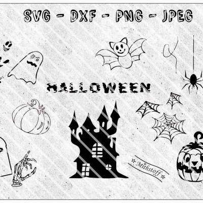 SVG - DXF - Datei - Halloween - RIP - Plotterdatei - Schloss - Geist - Spinne - Spinnennetz - Gespenst - Kürbis - Fleder