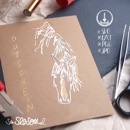 Plotterdatei Pferdekopf, zwei Pferdeköpfe, einfarbiger und mehrfarbiger Folienplott sowie Digistamp von senSEASONal