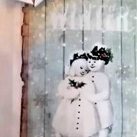 Kissenbezug Snow, Patchwork, Schneemannpärchen, weiß mit goldfarbenen Schneeflocken, romantisch Bild 1