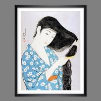 Japanische Kunst - Holzschnitt 1920 -  Frau kämmt ihre Haare - Kosmetik - Kunstdruck Poster Vintage Bild 1