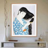 Japanische Kunst - Holzschnitt 1920 -  Frau kämmt ihre Haare - Kosmetik - Kunstdruck Poster Vintage Bild 3