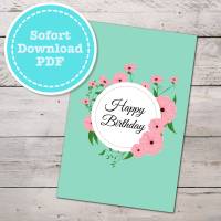 Geburtstagskarte im Retro-Look, grün mit Blumen, Klappkarte mit Innenseite als sofort Download, PDF Bild 1