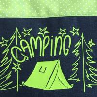 Stoffbeutel Camping Zelt, Einkaufstasche, Urlaub, Einkaufsbeutel, Geschenk für Camper,  Jeans blau/grün Bild 3