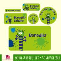 Schulstarter-Set | Farbklecks Monster - grün - 50 teilig, Namensaufkleber, Stifteaufkleber, Schuletiketten Bild 1