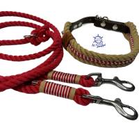 Leine Halsband Set verstellbar, natur, rot, weiß, beige, für kleine Hunde, Wunschlänge Bild 1