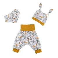 Baby Frühchen Jungen Mädchen Set Pumphose-Mütze-Tuch Waldtiere Fuchs Reh ab Gr. 38-40 Geschenk Geburt Bild 1