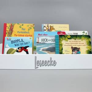 Kinderregal - Bücherregal für Kinder weiß mit gefrästem Schriftzug „Leseecke“ (grau), Wandregal, Montessori skandinavisc Bild 2