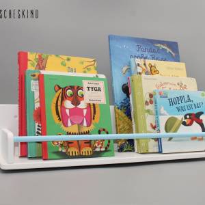 Kinderregal - Bücherregal für Kinder weiß Stange hellblau Wandregal, skandinavisch, montessori Bild 1
