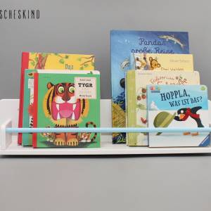 Kinderregal - Bücherregal für Kinder weiß Stange hellblau Wandregal, skandinavisch, montessori Bild 2
