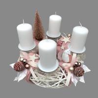 Adventskranz aus Holz / Weide in Rosa-Weiß mit Eule Bild 2