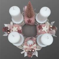 Adventskranz aus Holz / Weide in Rosa-Weiß mit Eule Bild 9