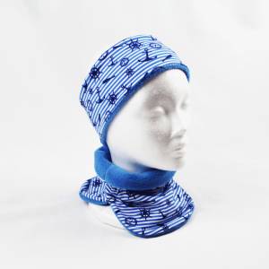 Stirnband und Halssocke Set Kinder KU 44-48 cm, Winterset aus Jersey und Fleece, Anker, blau Bild 1