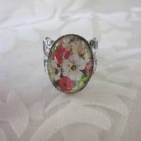 Cabochon Ring mit Blumen Rot Weiß "Gaélle" romantisch verschnörkelt Vintage Stil Geschenkidee Bild 1