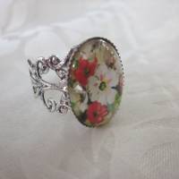 Cabochon Ring mit Blumen Rot Weiß "Gaélle" romantisch verschnörkelt Vintage Stil Geschenkidee Bild 5