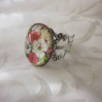 Cabochon Ring mit Blumen Rot Weiß "Gaélle" romantisch verschnörkelt Vintage Stil Geschenkidee Bild 7