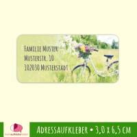 24 Adressaufkleber | Fahrrad mit Blumen - nach Pastellkreide Art - eckig 3,0 x 6,5 cm Bild 1