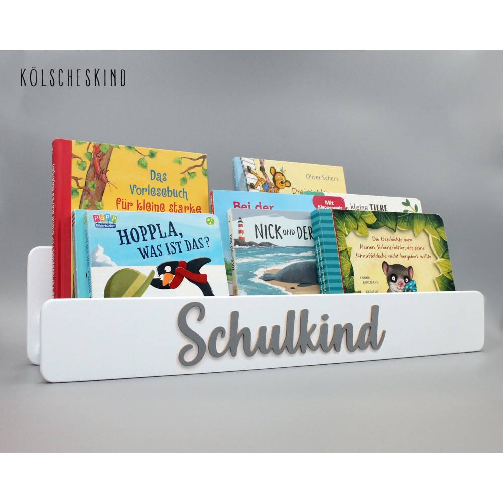 Kinderregal - Bücherregal für Kinder weiß mit Schriftzug Schulkind in grau, Wandregal, Montessori skandinavisch Bild 1