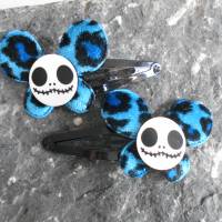 Paar  Schmetterlinge  Haarspange Skull Stoff  Totenkopf leo fellig blau Bild 1
