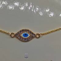 Zartes, filigranes, minimalistisches  goldfarbenes Edelstahl Armband mit türkischem Auge mit Strasssteinchen Bild 1