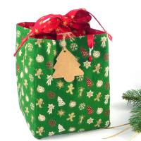 weihnachtlicher Geschenkbeutel  Gr. M, Geschenkverpackung aus Stoff, Nikolaus Säckchen *Weihnachten in grün und rot* Bild 1