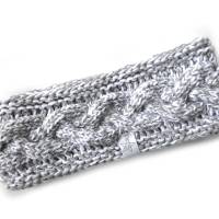 Stirnband mit Zopfmuster von Hand gestrickt aus Baumwolle zweifarbig mit weiß, auf Wunsch mit Fleece gefüttert Bild 8