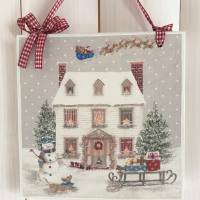 Süßes Holzbild, Weihnachtshaus im Schnee, Shabby Bild 1