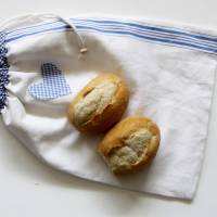 Leinen-Beutel, Brotbeutel blau, Brötchenbeutel Herz, vintage Leinen, Leinensack blaue Streifen, Bäckertasche, weilß-blau Bild 1