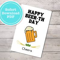 "Happy Beer-th Day" Geburtstagskarte für Männer, sofort Download, PDF Bild 1
