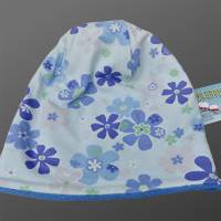 Kinder-Winter-Mütze, blaue Long-Beanie mit Blumen, warme Wendebeanie, Jersey mit Fleece gefüttert, Gr 53/54/55/56/57cm Bild 4