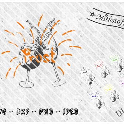Plotterdatei - Weingläser - SVG - DXF - PNG - Datei - Celebration - Feuerwerk - Prost - Wein - Glas - Anstoßen