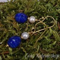 Lapis Lazuli Ohrhänger mit Perle und vergoldete Silber Ohrhaken Bild 3