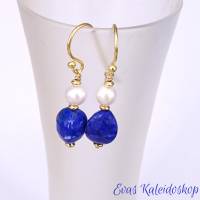 Lapis Lazuli Ohrhänger mit Perle und vergoldete Silber Ohrhaken Bild 4