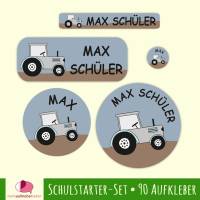 Schulstarter-Set | Traktor - grau - 90 teilig, Namensaufkleber, Stifteaufkleber, Schuletiketten Bild 1