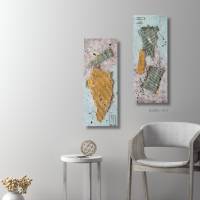 Acrylbild, einzigartige Collage in Hellblau und Senf auf Leinwand, Duo, Wandbild, Kunst Bild 1