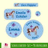 Schulstarter-Set | Pferde Herzchen - blau - 90 teilig, Namensaufkleber, Stifteaufkleber, Schuletiketten Bild 1