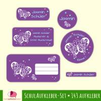Schulaufkleber-Set | Schmetterling lila, 143 teilig, Namensaufkleber, Stifteaufkleber, Adressaufkleber, Heftaufkleber Bild 1