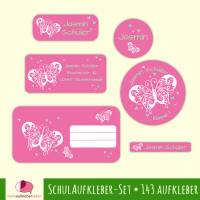 Schulaufkleber-Set | Schmetterling rosa, 143 teilig, Namensaufkleber, Stifteaufkleber, Adressaufkleber, Heftaufkleber Bild 1
