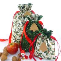 weihnachtliche Geschenkbeutel im 3er-Pack mit Mistelzweigen | Geschenkverpackung aus Stoff | Nikolaus Säckchen Bild 2