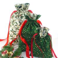 weihnachtliche Geschenkbeutel im 3er-Pack mit Mistelzweigen | Geschenkverpackung aus Stoff | Nikolaus Säckchen Bild 3