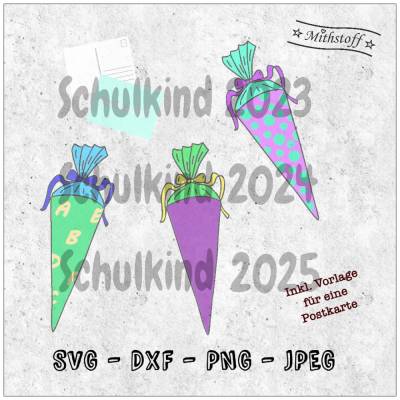 Plotterdatei - Schulkind 2023-2025 - Einschulung - SVG - DXF - PNG - Jpeg - Schultüte Zuckertüte -i-Dötzchen - Postkarte