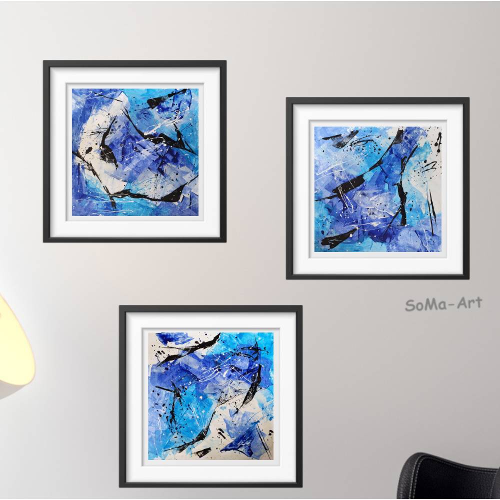Acrylbilder im 3-er Set auf Künstlerpapier. Ungerahmt in leuchtenden Blautönen, kleine Kunst für die Sinne, Bild 1