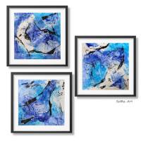 Acrylbilder im 3-er Set auf Künstlerpapier. Ungerahmt in leuchtenden Blautönen, kleine Kunst für die Sinne, Bild 5