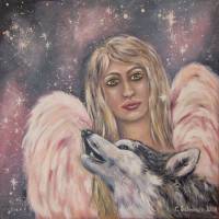 WÄCHTER - Engelbild mit heulendem Wolf auf Leinwand gemalt 60cmx60cm Bild 1