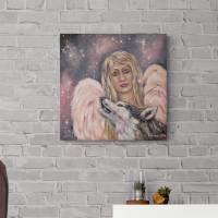 WÄCHTER - Engelbild mit heulendem Wolf auf Leinwand gemalt 60cmx60cm Bild 2