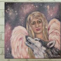 WÄCHTER - Engelbild mit heulendem Wolf auf Leinwand gemalt 60cmx60cm Bild 3