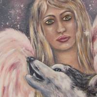 WÄCHTER - Engelbild mit heulendem Wolf auf Leinwand gemalt 60cmx60cm Bild 4