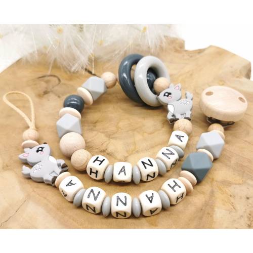 Set Greifling & Schnullerkette mit Namen Mädchen Junge Reh