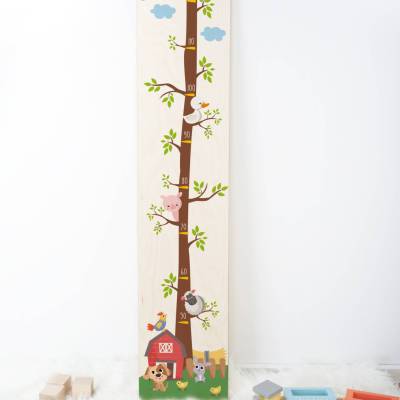 Holz - Messleiste für Kinder, personalisiert mit Name und Datum, Messlatte für Kinder, Motiv: Bauernhof Tiere