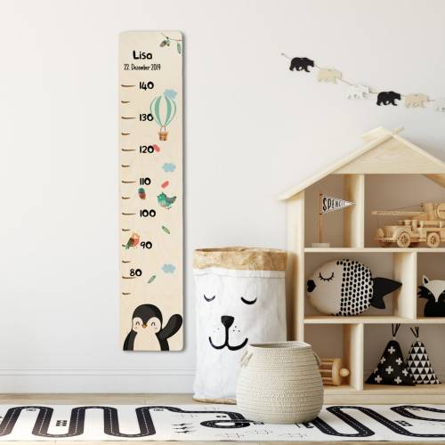 Holz - Messleiste für Kinder, personalisiert mit Name und Datum, Messlatte für Kinder, Motiv: Pinguin